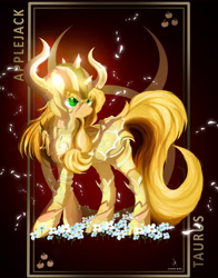 Size: 3928x5000 | Tagged: safe, artist:zidanemina, part of a series, part of a set, applejack, earth pony, pony, armor, crossover, digital art, female, helmet, mare, saint seiya, smiling, solo