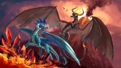 Size: 1920x1080 | Tagged: safe, artist:plainoasis, dragon lord ember, princess ember, oc, dragon, civil war, crystal, digital painting, dragon lands, dragon oc, dragoness, evil grin, female, fight, grin, lava, quadrupedal, smiling, spread wings, usurpation, volcano, wings