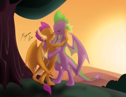 Size: 1017x786 | Tagged: safe, artist:shinta-girl, smolder, spike, dragon, commission, couple, dragoness, eyes closed, female, hand on head, holding head, kissing, male, shipping, spolder, straight