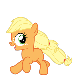 Size: 3200x3200 | Tagged: safe, artist:cheezedoodle96, derpibooru import, applejack, earth pony, pony, .svg available, female, filly, filly applejack, juxtaposition bait, laughing, looking back, open mouth, running, simple background, solo, svg, tongue out, transparent background, vector, younger