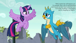 Size: 1920x1080 | Tagged: safe, edit, edited screencap, screencap, gallus, twilight sparkle, twilight sparkle (alicorn), alicorn, griffon, pony, uprooted, caption, female, finger snap, flying, griffon magic, harry potter and the methods of rationality, headcanon, magic, male, rational fic bait, twilight is not amused, unamused