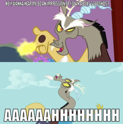 Size: 638x642 | Tagged: safe, edit, edited screencap, editor:undeadponysoldier, screencap, discord, draconequus, keep calm and flutter on, the return of harmony, bill cipher, caption, chaos, glow, gravity falls, image macro, impressions, looking at you, male, meme, open mouth, pointing, reference, solo, talking to viewer, text, world of chaos