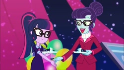 Size: 1280x720 | Tagged: safe, screencap, rosette nebula, sci-twi, twilight sparkle, better together, equestria girls, twilight under the stars, glasses, photo