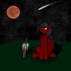 Size: 2000x2000 | Tagged: artist needed, safe, oc, alicorn, bat pony, bat pony alicorn, pony, bat pony oc, blood moon, comet, full moon, looking up, moon, night, red and black oc, solo, soul calibur, soul edge, stargazing, stars