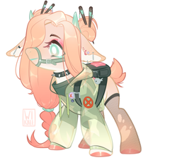 Size: 2577x2409 | Tagged: safe, alternate version, artist:liannell, oc, oc only, oc:kira (deer), deer, pony, backpack, badge, bag, bridle, choker, clothes, ear piercing, earring, eyeshadow, female, fishnet stockings, hairpin, jacket, jewelry, lipstick, makeup, piercing, shirt, simple background, solo, spiked choker, t-shirt, tack, white background