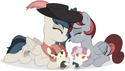 Size: 1600x909 | Tagged: safe, artist:p-b-jay, oc, oc:coral reef, oc:marcy, oc:naritime, oc:red tide, pegasus, pony, female, foal, hat, lesbian, magical lesbian spawn, offspring, twins