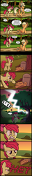 Size: 797x4340 | Tagged: safe, artist:veggie55, derpibooru import, edit, apple bloom, applejack, earth pony, pony, apple, applejack's hat, comic, cowboy hat, cyrillic, dark comedy, death, food, grave, gravestone, hat, lightning, no, older, russian, translation