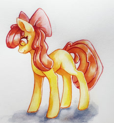 Size: 1024x1105 | Tagged: safe, artist:aineveri, artist:ashen-soul, apple bloom, earth pony, pony, blank flank, female, filly, looking down, simple background, smiling, solo, traditional art, white background