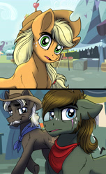 Size: 3804x6276 | Tagged: safe, artist:celestial-rainstorm, derpibooru import, applejack, burnt oak, oc, oc:ash bark, earth pony, pony, eye scar, neckerchief, parent:burnt oak, scar, story in the comments, story included