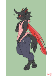 Size: 661x952 | Tagged: safe, artist:geier, oc, oc only, oc:rummy, anthro, changeling, unguligrade anthro, blushing, changeling oc, clothes, crotch bulge, embarrassed, jeans, male, open mouth, pants, red changeling, simple background, solo, tanktop