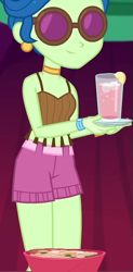 Size: 423x863 | Tagged: safe, screencap, laurel jade, better together, equestria girls, sunset's backstage pass!, belt, beverage, bowl, clothes, collar, cropped, drink, food, glasses, hut, legs, lemon, midriff, plate, shirt, shorts, sleeveless, smiling, tassels, wristband