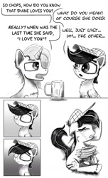 Size: 1024x1684 | Tagged: safe, artist:chopsticks, oc, oc only, oc:chopsticks, oc:sketchy mcpad, pegasus, unicorn, comic:wtb is this?, canon x oc, cheek fluff, chest fluff, comic, crying, dialogue, drink, hat, heart, hoof fluff, hug, lying down, male, monochrome, mug, pillow, realization, sad, sketch, stallion, text, this ended in tears, wing hands, winghug, wings