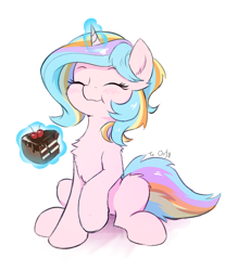 Size: 1783x2157 | Tagged: safe, artist:draconidsmxz, oc, oc only, oc:oofy colorful, pony, unicorn, blushing, cake, chest fluff, chocolate cake, eating, eyes closed, female, food, magic, mare, simple background, sitting, sketch, solo, telekinesis, white background