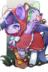 Size: 692x1024 | Tagged: safe, artist:kura, spike, twilight sparkle, twilight sparkle (alicorn), alicorn, dragon, pony, animal costume, apple, baguette, basket, bread, clothes, cosplay, costume, crossover, cute, duo, female, food, little red riding hood, male, mare, no pupils, open mouth, spikabetes, twiabetes, wolf costume