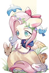 Size: 692x1024 | Tagged: safe, artist:kura, fluttershy, bird, pegasus, pony, rabbit, squirrel, animal, bow, clothes, crossover, cute, dress, fawn, female, floppy ears, floral head wreath, flower, hair bow, looking at something, mare, no pupils, princess, shyabetes, sitting, snow white, solo, spread wings, three quarter view, wings