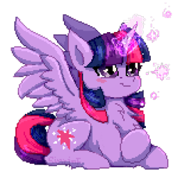 Size: 1500x1500 | Tagged: safe, artist:flysouldragon, twilight sparkle, twilight sparkle (alicorn), alicorn, pony, chest fluff, horn, magic, pixel art, simple background, solo, sparkles, transparent background, wings