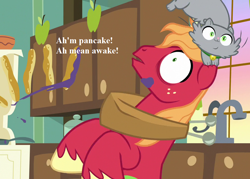 Size: 1008x720 | Tagged: safe, edit, edited screencap, screencap, big macintosh, cat, earth pony, pony, castle sweet castle, going to seed, cropped, dialogue, faic, food, horse collar, i'm pancake, male, pancakes, stallion, sweet apple acres, waking up