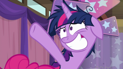 Size: 1920x1080 | Tagged: safe, screencap, pinkie pie, twilight sparkle, twilight sparkle (alicorn), alicorn, pony, a trivial pursuit, female, floppy ears, grin, liar, mare, messy mane, nervous, nervous grin, obsessed, pointing, shrunken pupils, smiling, solo focus, trivia trot, twilight snapple, twilighting, wide smile