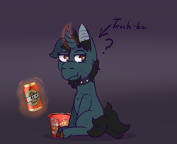 Size: 1141x927 | Tagged: safe, artist:lazerblues, oc, oc:lazerblues, unicorn, alcohol, beer, choker, collar, food, noodles, question mark, ramen, solo