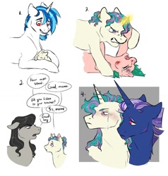 Size: 1280x1346 | Tagged: safe, artist:dolliewings, oc, oc:fabio, oc:hanky, oc:noteworthy, earth pony, pony, unicorn, blood, blushing, bruised, colt, crying, female, fight, floppy ears, glowing horn, horn, magical lesbian spawn, male, mare, mother and child, mother and son, next generation, offspring, parent and child, parent:fluttershy, parent:octavia melody, parent:pinkie pie, parent:tempest shadow, parent:twilight sparkle, parent:vinyl scratch, parents:flutterpie, parents:scratchtavia, parents:tempestlight, simple background, speech, speech bubble, stallion, stern, story included, white background