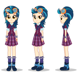 Size: 1400x1400 | Tagged: artist needed, safe, indigo zap, equestria girls, friendship games, clothes, crystal prep academy uniform, female, goggles, looking at you, poses, raised eyebrow, school uniform, shoes, side view, simple background, smiling, sneakers, transparent background, turnaround, vector