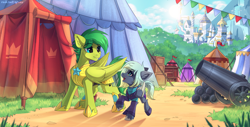 Size: 2131x1080 | Tagged: safe, artist:redchetgreen, oc, oc only, oc:evergreen feathersong, pegasus, pony, armor, cannon, cannonball, canterlot castle, crate, pegasus oc, royal guard, royal guard armor, tent