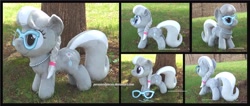 Size: 4140x1754 | Tagged: safe, artist:peruserofpieces, silver spoon, earth pony, pony, accessories, braid, female, filly, from behind, front view, glasses, hairclip, irl, jewelry, necklace, pearl necklace, photo, plushie, ponytail, profile, solo, toy