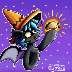 Size: 956x961 | Tagged: safe, artist:thedamneddarklyfox, oc, oc:fox feather, bat pony, bat pony oc, bat wings, cute, fangs, food, pixel art, smiling, sombrero, taco, wings