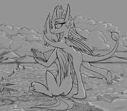 Size: 1746x1527 | Tagged: safe, artist:vladimir-olegovych, silverstream, smolder, classical hippogriff, dragon, hippogriff, book, dragoness, female, grayscale, guess who, implied lesbian, monochrome, mountain, ocean, reading, scenery