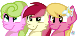 Size: 1648x781 | Tagged: safe, artist:rainbow eevee, daisy, flower wishes, lily, lily valley, roseluck, pony, female, flower trio, looking down, looking up, simple background, transparent background, trio