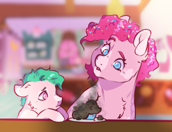 Size: 1113x854 | Tagged: safe, artist:dolliewings, pinkie pie, oc, oc:hanky, earth pony, pony, alternate hairstyle, bad cooking, blaze (coat marking), burnt, cheek fluff, chest fluff, colt, confetti, confetti in mane, cupcake, dappled, duo, female, floppy ears, food, magical lesbian spawn, male, mare, mother and child, mother and son, offspring, parent and child, parent:fluttershy, parent:pinkie pie, parents:flutterpie, sad, sugarcube corner