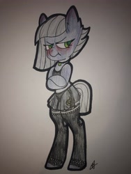 Size: 3024x4032 | Tagged: safe, artist:katyusha, limestone pie, earth pony, pony, bipedal, black underwear, blushing, bra, bra on pony, clothes, crop top bra, cute, disgruntled, embarrassed, embarrassed underwear exposure, garter belt leggings, lingerie, panties, see-through, traditional art, underwear