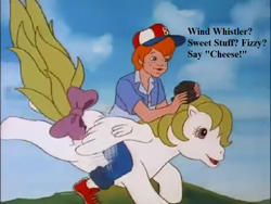 Size: 864x648 | Tagged: safe, edit, edited screencap, screencap, danny williams, surprise, g1, my little pony 'n friends, the great rainbow caper, adoraprise, bow, camera, cap, cute, dannybetes, dialogue, flying, hat, implied fizzy, implied sweet stuff, implied wind whistler, tail bow