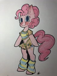 Size: 3024x4032 | Tagged: safe, artist:katyusha, pinkie pie, earth pony, pony, belly button, bipedal, blushing, bra, clothes, crop top bra, cute, lingerie, midriff, panties, see-through, striped underwear, traditional art, underwear