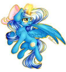 Size: 3096x3400 | Tagged: safe, artist:kindny-chan, oc, oc only, oc:fleurbelle, alicorn, pony, alicorn oc, bow, commission, female, hair bow, magic, mare, simple background, smiling, solo, transparent background