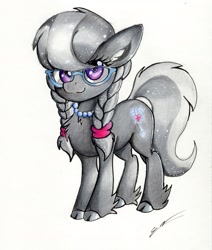 Size: 2063x2429 | Tagged: safe, artist:luxiwind, silver spoon, earth pony, pony, braid, chest fluff, cloven hooves, cute, female, filly, glasses, looking at you, silverbetes, solo, traditional art, unshorn fetlocks