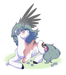 Size: 2617x2961 | Tagged: safe, artist:djkaskan, oc, oc only, pegasus, amputee, flower, flower in hair, male, missing limb, missing wing, scar, stallion, stump
