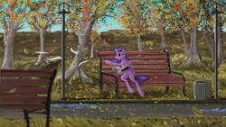 Size: 1778x1006 | Tagged: safe, artist:vladimir-olegovych, twilight sparkle, twilight sparkle (alicorn), alicorn, pony, bench, book, falling leaves, lamppost, leaves, paper, park, sitting, solo, streetlight, tree, wind