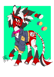 Size: 1240x1754 | Tagged: safe, artist:scarfyace, oc, oc only, oc:blackjack, hybrid, pony, unicorn, zebra, zebracorn, zony, fallout equestria, fallout equestria: project horizons, bell, clothes, collar, jacket, quadrupedal, redesign, stable 99