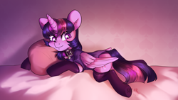 Size: 2846x1606 | Tagged: safe, artist:sugarstar, twilight sparkle, twilight sparkle (alicorn), alicorn, pony, adorasexy, bed, blushing, cheek fluff, chest fluff, clothes, collar, cute, descended twilight, female, folded wings, horn, hug, looking at you, lying down, mare, panties, pillow, pillow hug, rcf community, sexy, shirt, smiling, socks, solo, twiabetes, underwear, wings