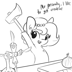 Size: 1080x1080 | Tagged: safe, artist:tjpones, part of a set, oc, oc only, oc:brownie bun, earth pony, pony, axe, black and white, chest fluff, comic, dialogue, fan, female, food, grayscale, knife, knife fan, lineart, looking at you, mare, monochrome, onion, open mouth, pearl, simple background, solo, this will end in death, this will end in fire, this will end in tears, this will end in tears and/or death, weapon, white background, xk-class end-of-the-kitchen scenario