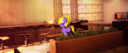 Size: 3440x1440 | Tagged: safe, artist:jerryenderby, oc, oc only, oc:enderby, pony, :p, cafe, cake, chair, cute, fern, food, minecraft, plant, solo, tongue out