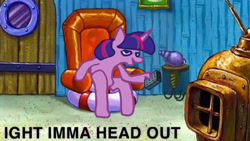 Size: 800x450 | Tagged: safe, twilight sparkle, pony, chair, female, getting up, hoof hold, ight imma head out, meme, ponified meme, remote, solo, spongebob squarepants, text, twilot sporkle