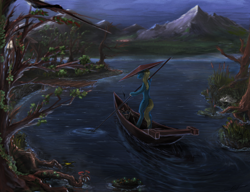 Size: 1840x1410 | Tagged: safe, artist:vladimir-olegovych, oc, oc only, pony, boat, conical hat, hat, mountain, night, river, scenery, solo, tree