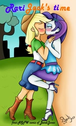 Size: 729x1200 | Tagged: safe, artist:bandijones, applejack, rarity, equestria girls, adorasexy, against wall, ahegao, blushing, cute, female, french kiss, kissing, lesbian, open mouth, rarijack, sexy, shipping