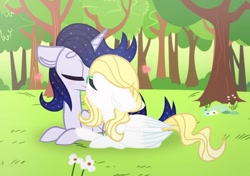 Size: 1280x899 | Tagged: safe, artist:darbypop1, oc, oc only, oc:grace, oc:handsome lullaby, pegasus, unicorn, blushing, female, flower, heart, kissing, male, mare, prone, stallion, tree