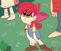 Size: 800x666 | Tagged: safe, artist:mirabuncupcakes15, apple bloom, big macintosh, human, friendship is magic, adorabloom, apple bloom's bow, boots, bow, brother and sister, clothes, cute, denim dress, dress, female, flannel, grass, hair bow, humanized, jeans, male, overalls, pants, sad, scene interpretation, shirt, shoes, siblings, t-shirt