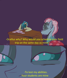 Size: 2080x2403 | Tagged: safe, artist:skunkstripe, ocellus, sandbar, changedling, changeling, earth pony, pony, dialogue, older