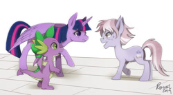 Size: 1280x704 | Tagged: safe, artist:renciel, dusty pages, spike, twilight sparkle, twilight sparkle (alicorn), alicorn, dragon, the point of no return, female, winged spike