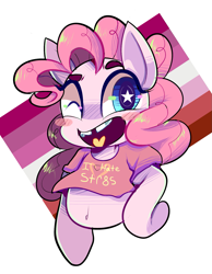 Size: 1377x1770 | Tagged: safe, artist:peachesandcreamated, pinkie pie, earth pony, pony, semi-anthro, blush sticker, blushing, cute, female, heterophobia, lesbian pride flag, mare, one eye closed, open mouth, pride, pride flag, simple background, smiling, solo, starry eyes, white background, wingding eyes, wink